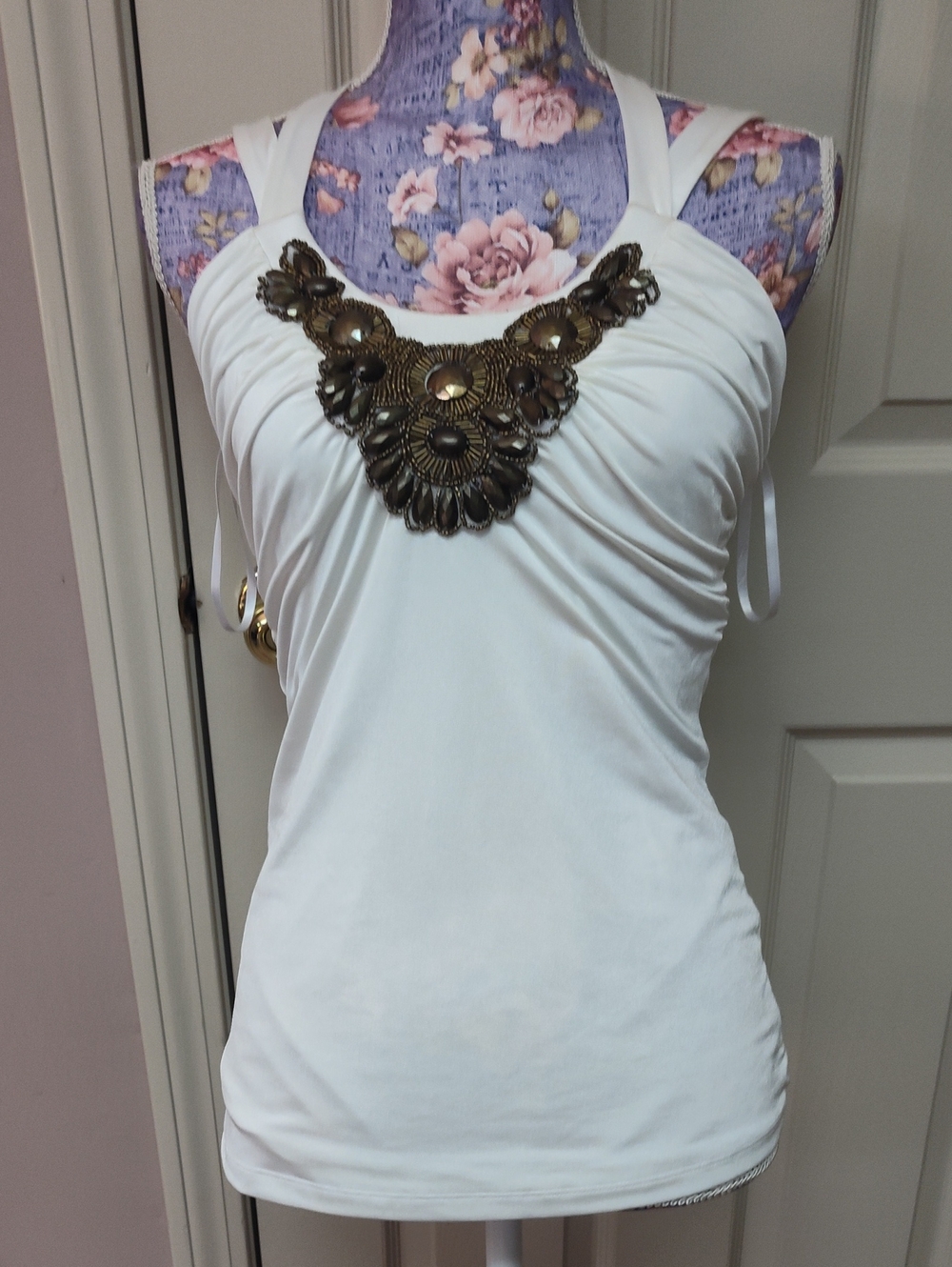 Cache White Halter Camisole with Ornate Gold-tone Embroidery
